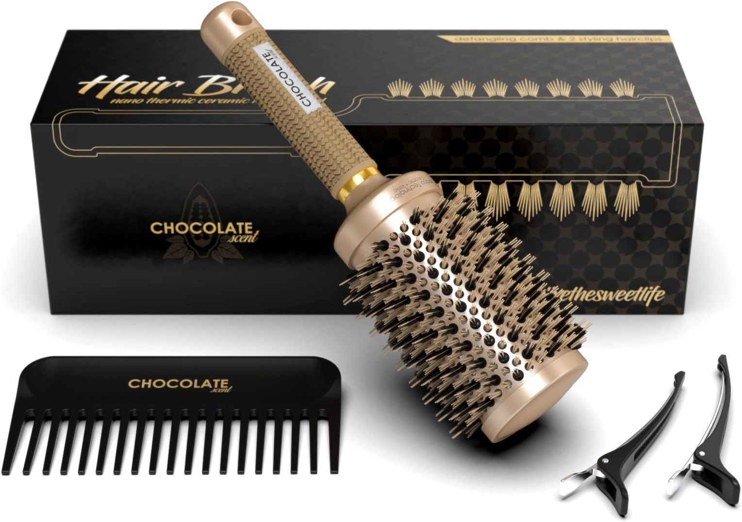 Round Hair Brush and Detangling Comb - Ionic Tech Boar Bristles Round Brush for Blow Drying Wide Tooth Comb for Wet or Dry Hair with Hair Clips Included