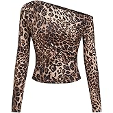CIDER Womens Leopard Print Going Out Off Shoulder Casual Long Sleeve Pullover Slim Fit Top Fall Trendy