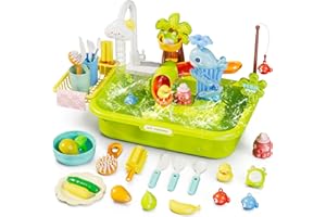 Wee Wonders 3 in 1 Play Sink with Running Water, Play Kitchen Sink Toy with Electric Faucet/Play Food/Pool Toys/Fishing Game, Pretend Play Water Table for Toddlers 3-5, Water Toys for Kids Ages 4-8