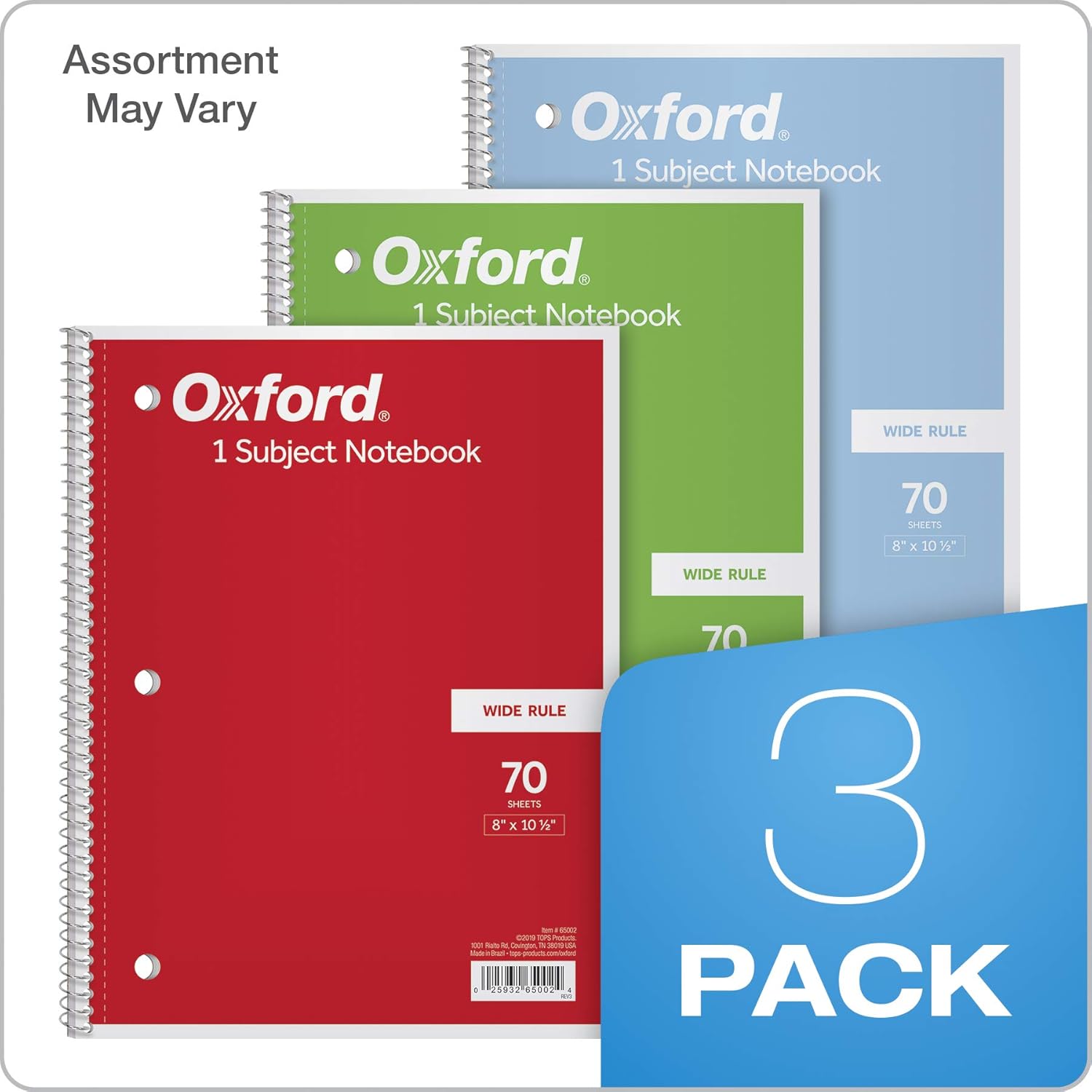 TOPS/Oxford 1-Subject Notebooks, 8" x 10-1/2", Wide Rule, 70 Sheets, 3 Pack, Color Assortment May Vary (65029) : Office Products