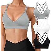 VEQING Seamless V-Neck Women Sports Bras, Padded Cross Back Wireless Low Impact Workout Yoga Bras for Small Chests, 3 Pack