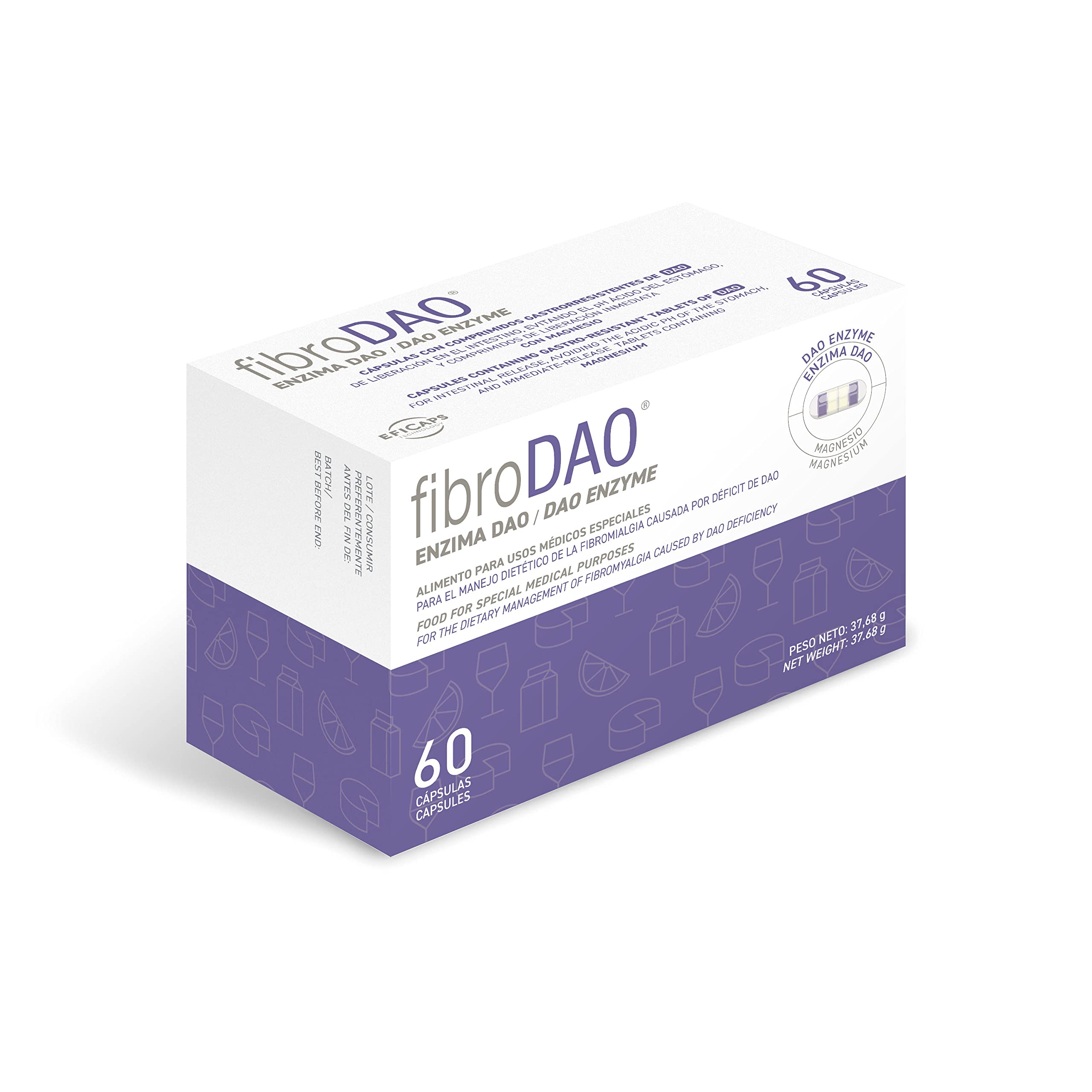fibroDAO - for The Dietary Management of Fibromyalgia Caused by DAO Deficiency/Histamine Intolerance - 60 Capsules EFICAPS with Gastroresistant Tablets - DAO Enzyme and Magnesium