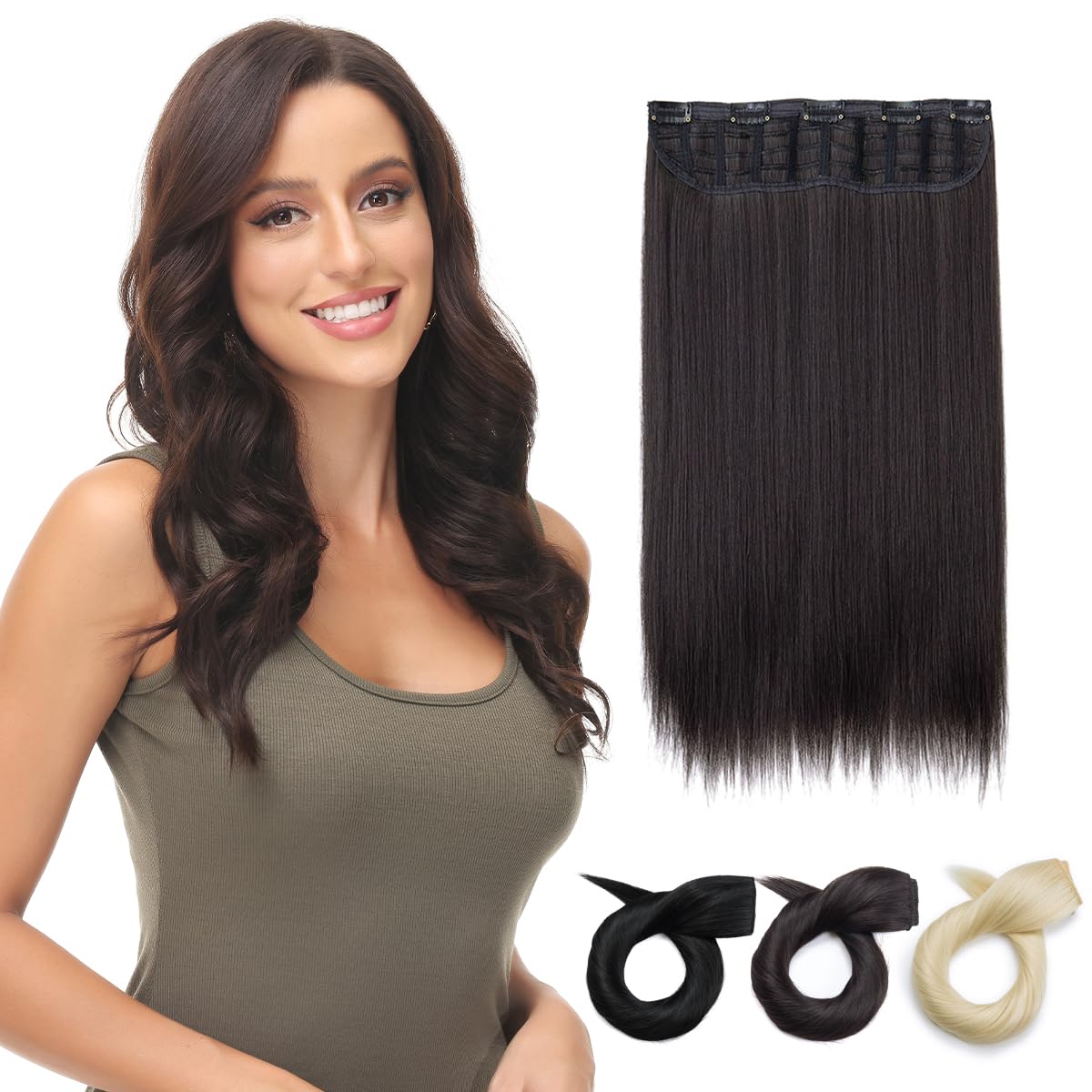 Yamel Clip in Hair Extensions One Piece 5 Clips Long 16 inch Darkest Brown Straight Synthetic Hairpieces 3/4 Full Head Clip in Hair Extension — image 1
