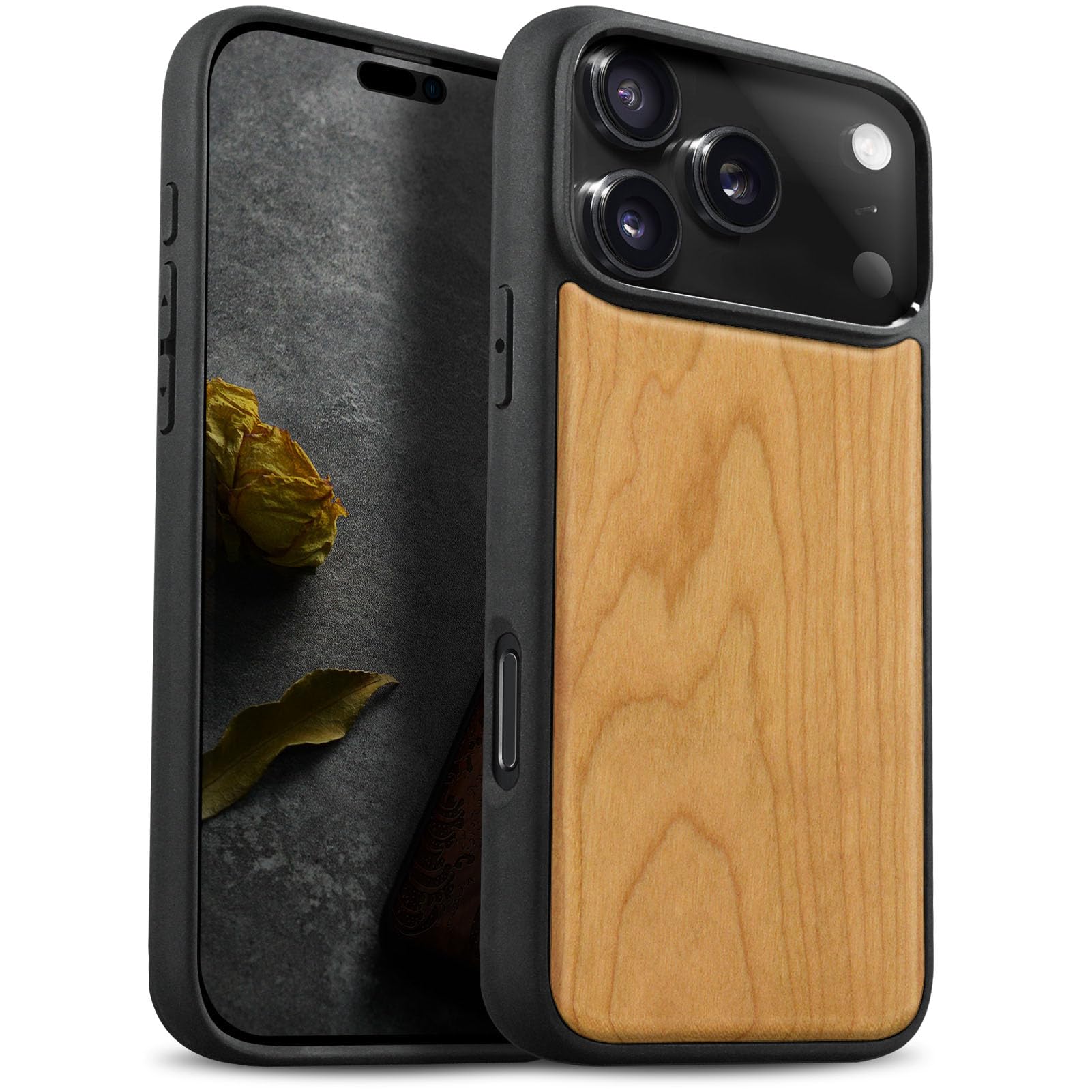 Carveit Magnetic Wooden Case for iPhone 17 Pro Case, Wood Artisan Engraved & Black Soft TPU Shockproof Cover, Compatible with MagSafe Wireless Chargers (Natural Grain) Cherry