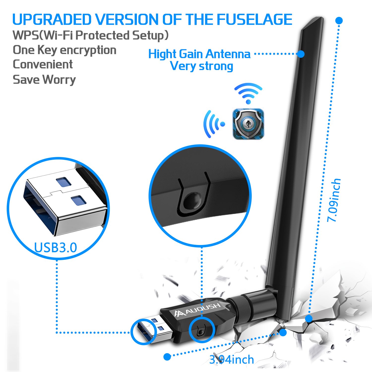AUQUSH USB WiFi Adaptador 1200Mbit/s[5.8G/867Mbps+2.4G/300Mbps] AC de Banda Dual y WLAN Stick con Conector de Antena y Antena Desmontable