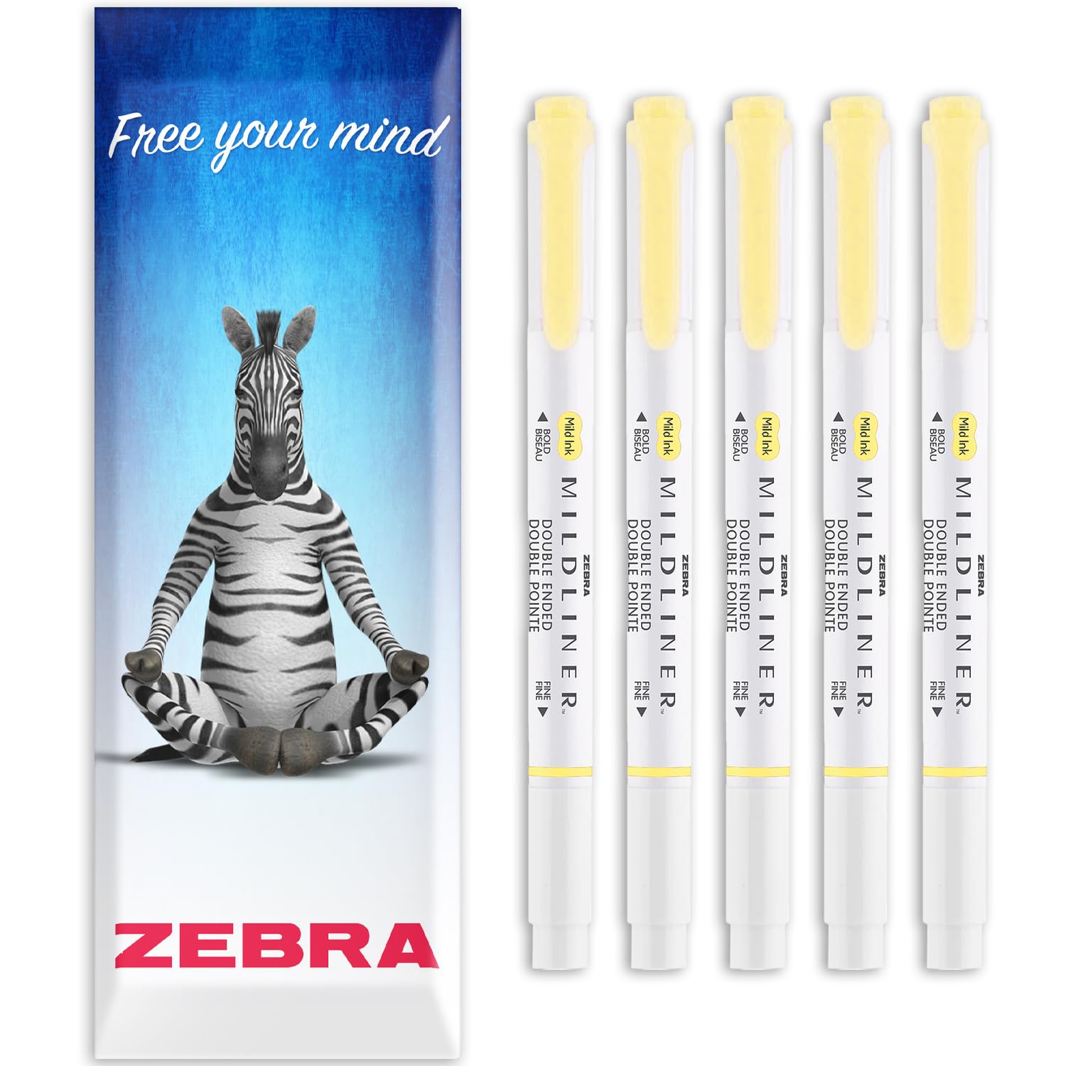 Zebra Mildliner Creative Marker Highlighter Pens - Double Ended - Chisel & Bullet Tip - In Envelope Gift Packaging - Set of 5 (Yellow) — image 1