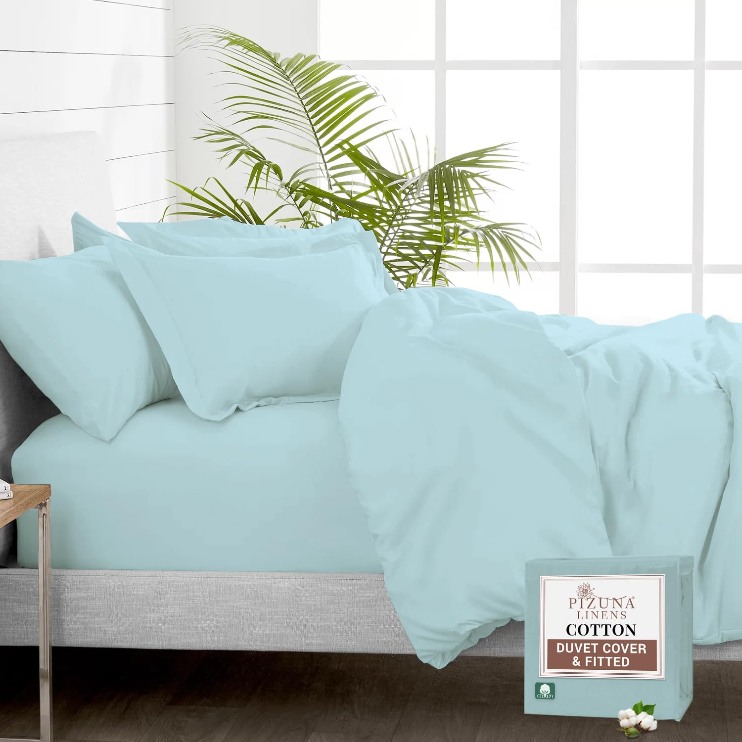 Pizuna Pure 100% Cotton King Size Duvet Cover Sets with King Size Fitted Sheets Baby Blue, 400 Thread Count Long Staple Cotton Bedding Set, Soft Sateen Quilt Cover Set & 40 cm Deep Fitted Sheets — image 1