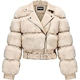 GRAN ORIENTE Women's Moto Style Cropped Faux Fur Jacket,Faux Leather Belted Biker Coat,Zip Up Plush Winter Outerwear