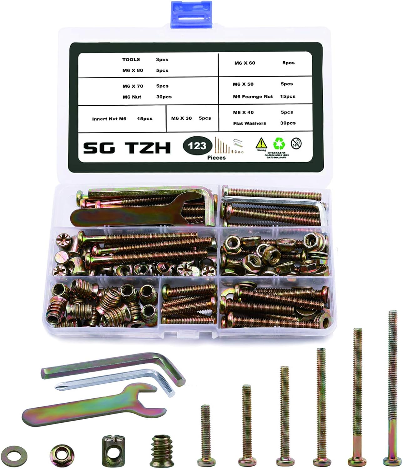 SG TZH 123PCS M6 Kit Crib Screws Hardware Replacement Kit Hex Socket Head Cap Flat Washers Screws Nuts Zinc Plated M6 Screws Barrel Screws Furniture Screws and Bolts Assortment Kit for Baby Bed