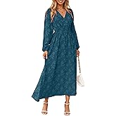 Simplee Womens Boho Floral Long Sleeve Maxi Dress V Neck Empire Waist Fall Wedding Guest Dresses with Pockets