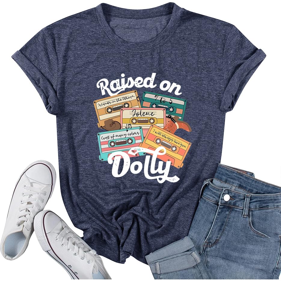 Women's Country Music Raised On Dolly Vintage 80s T-Shirt Soft Cotton Blend Casual Tee Navy XL at Amazon