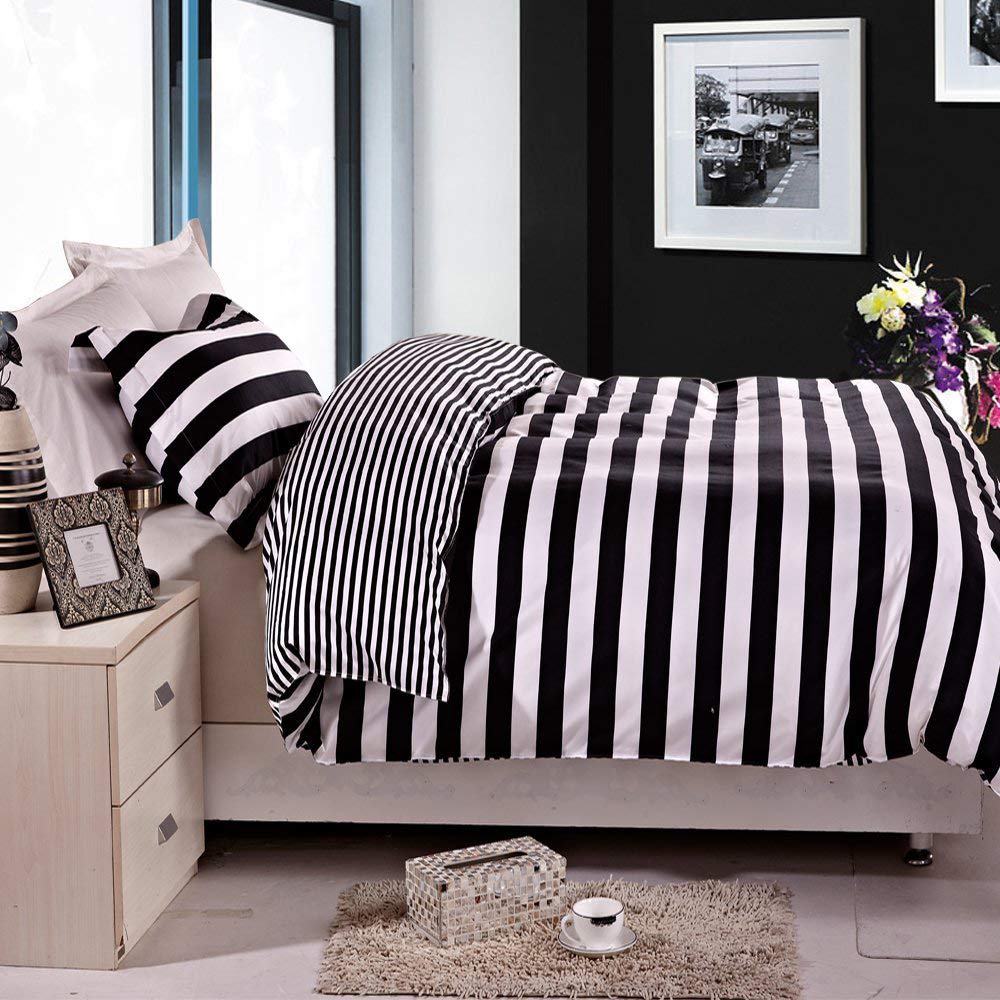 NTBAY 2 Pieces 100% Brushed Microfiber Striped Single Duvet Cover Set, Super Soft Black and White Printed Reversible Design Zippered Comforter Cover with Ties and 1 Oxford Pillowcase (Single, Stripe)