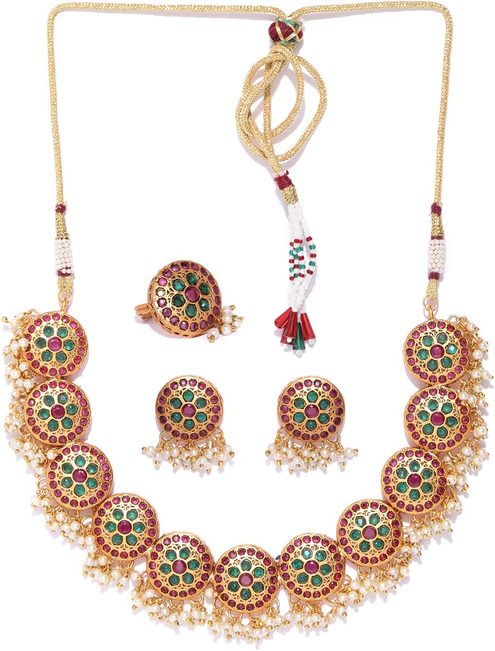Indian Bollywood Temple Jewelry Style Gold Plated Choker Polki Necklace Set With Ring