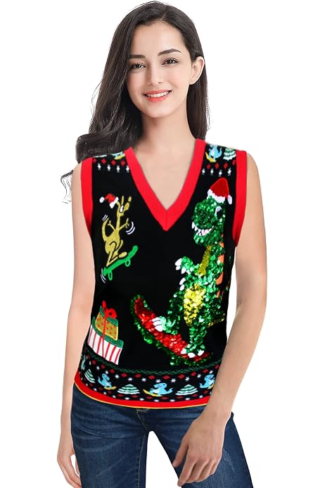 JULYCLO Christmas Vests for Women Ugly Christmas Sweater Reindeer Knitted  Casual Sleeveless Pullover Tops Green at Amazon Women's Clothing store