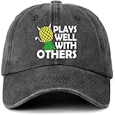 GOSJINNK Funny Upside Down Pineapple Distressed Washed Black Hats Plays Well with Others Printed Cotton Adjustable Baseball Caps for Men Women Trendy Party Gifts for Friend Coworker Neighbor Trucker