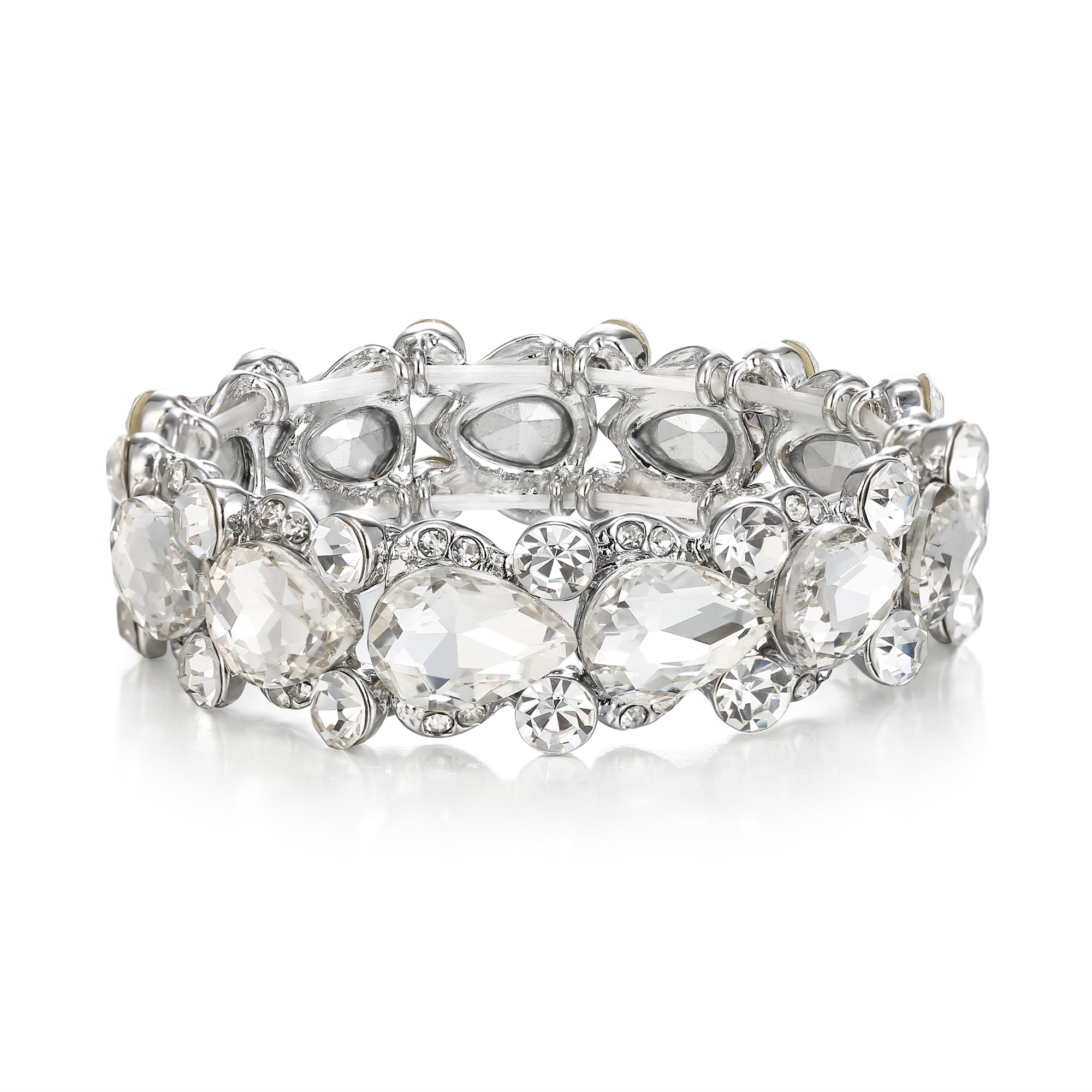 Ever Faith Women's Austrian Crystal Wedding Bridal Floral Tear Drop Elastic Stretch Bracelet Clear Silver-Tone — image 1