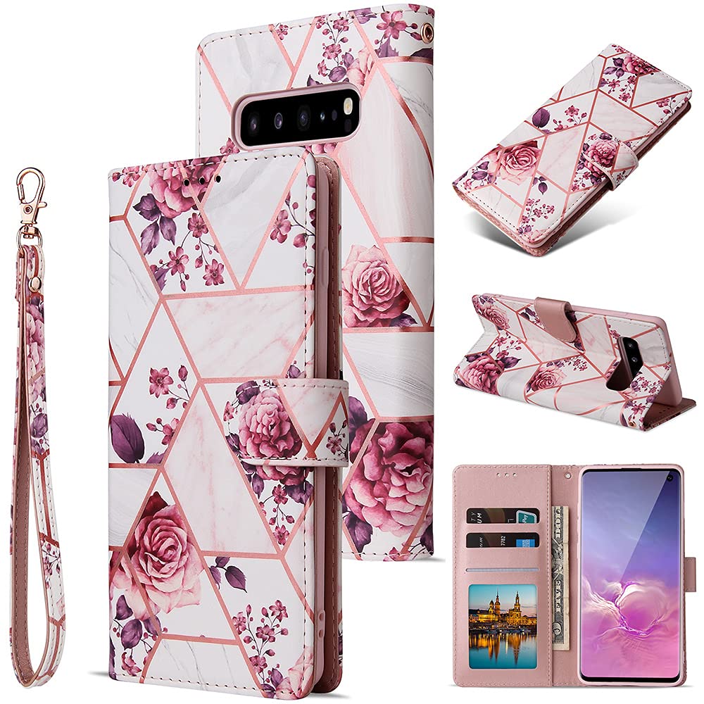 ROSEHUI for Samsung S10 Phone Case Premium Leather Geometric Marble Pattern Handbag Wallet Case Card Holder Magnetic Closure Kickstand Shockproof Flip Cover for Samsung Galaxy S10 Rose gold