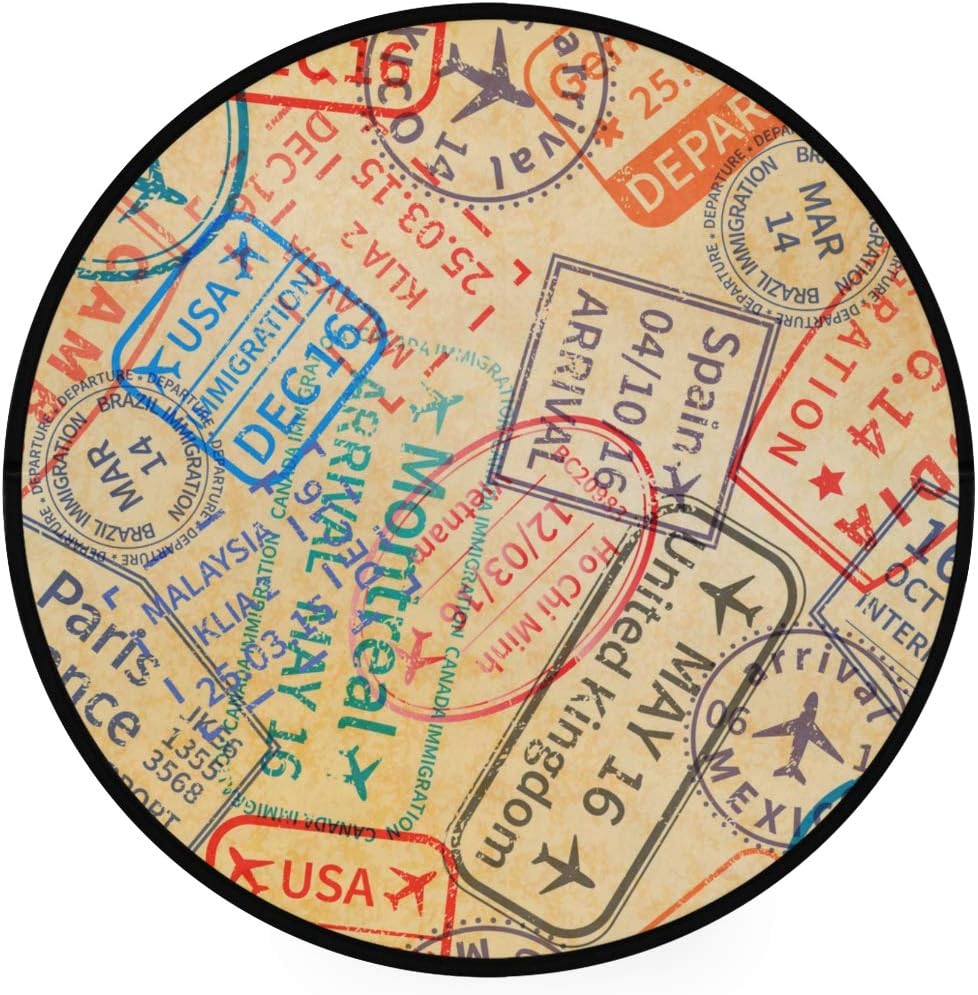 YOLIKA Home Decor Light Round Area Rug， Colorful International Travel Visa Rubber Stamps，Super Soft Circle Carpet (5'Diameter)
