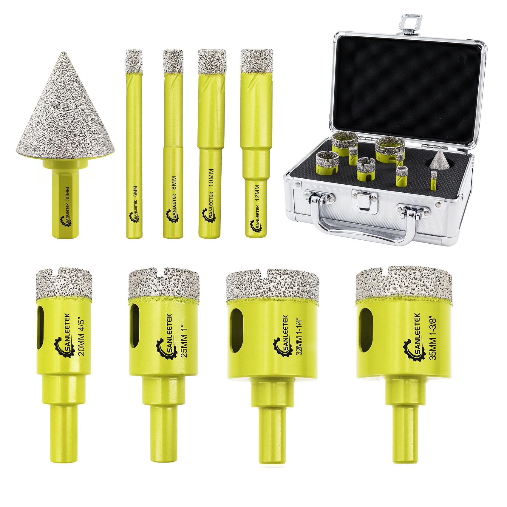 Diamond Core Drill Bits Set - 9pcs (6/8/10/12/20/25/32/35mm+35mm Hex Shank Beveling Chamfer Bit) Hole Saw Kit with Round Shank for Ceramic Porcelain Tile Marble Granite Quartz SANLEETEK