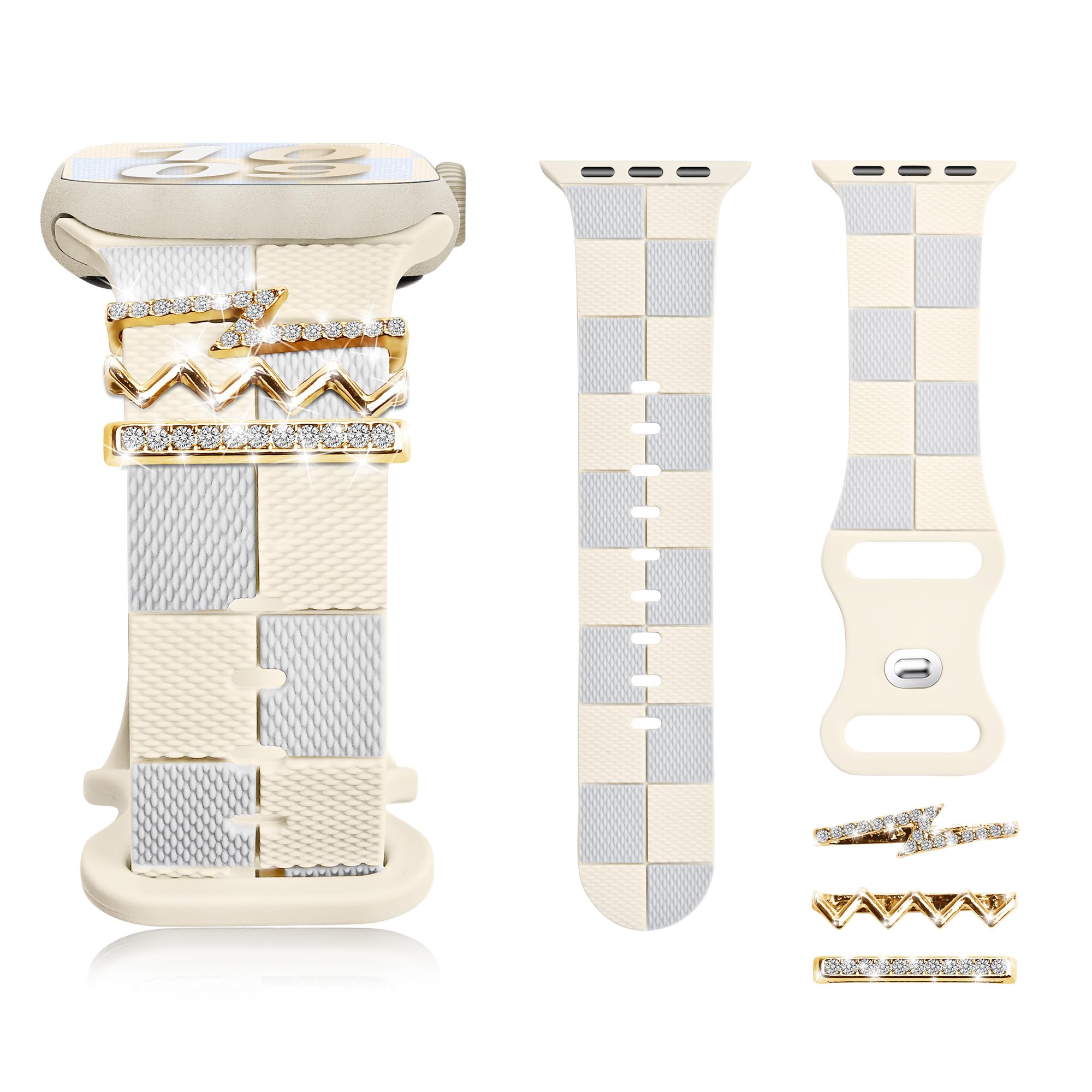 Silicone Strap for Apple Watch Band 41mm Women, Stylish Checkerboard Bracelet with Gold Bling Z Charm for iWatch 40/38mm Series 10(42mm) 9 8 7 6 5 4 3 SE,Designer Sport Wristband for Apple Watch Bands