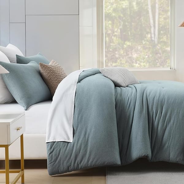 SAHSAHCASA QUEEN SIZE LONG-STAPLE COTTON COMFORTER SET – FLUFFY, SOLID BREATHABLE DOWN ALTERNATIVE BEDDING, 100% COTTON FOR QUEEN BED, 90″ 90″, 3PCS, GRAYISH BLUE