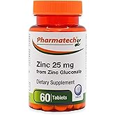 Zinc Gluconate 25 mg Chelated Elemental Zinc, Immune Support Supplement Mineral Antioxidant for Vegetarians, Acne, Easy to Swallow, 60 Tablets, by Pharmatech®