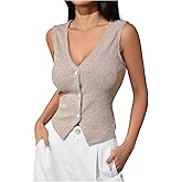 Milumia Women's V Neck Sleeveless Button Down Tank Top Ribbed Knit Fitted Vest Top