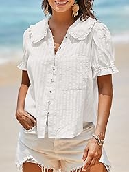 Tankaneo Womens Puff Sleeve Shirts Peter Pan Collar