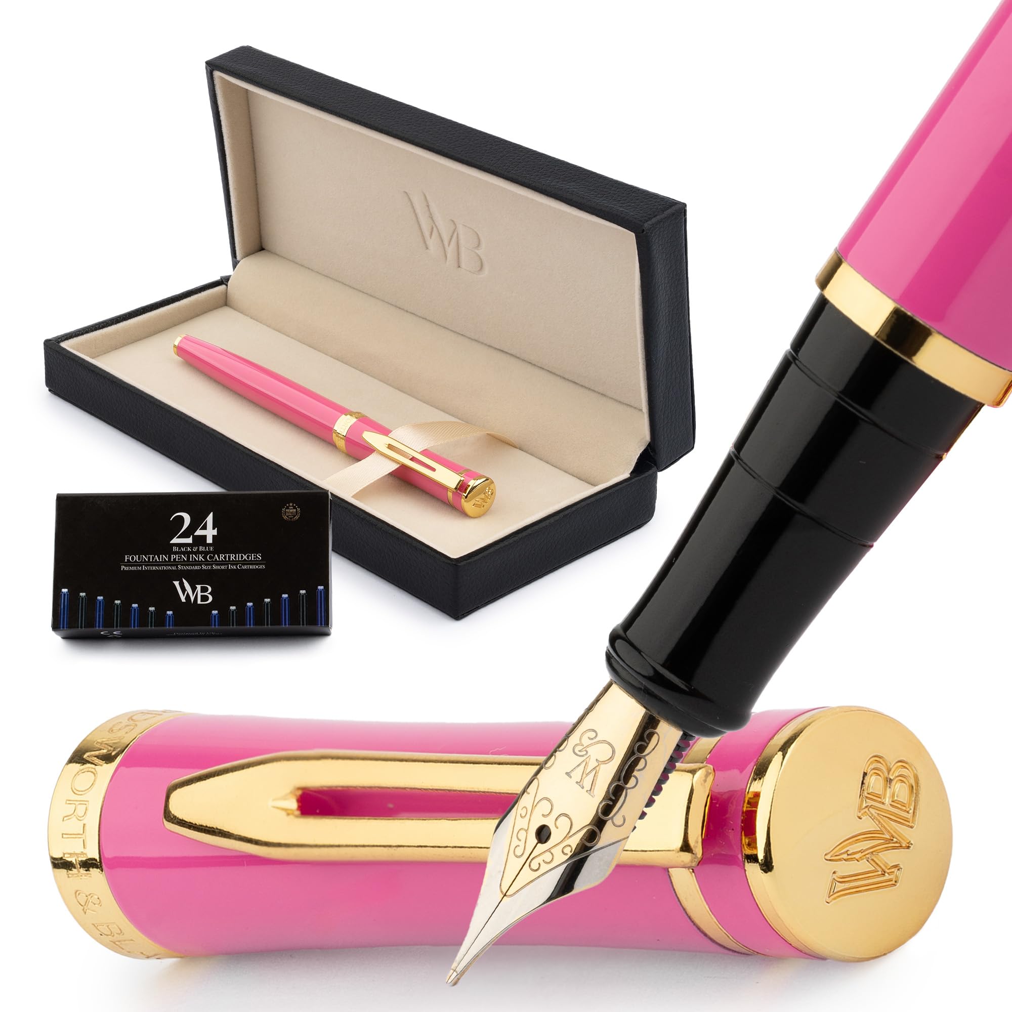 Wordsworth & Black Fountain Pen Set, Medium Nib, Includes 24 Ink Cartridges and Ink Refill Converter, Gift Case, Journaling, Calligraphy, Smooth Writing Pens [Hot Pink], Perfect for Men and Women — image 1