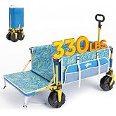 Beach Wagon with Big Wheels for Sand, Flip-Out Tailgate, 330 lb Capacity | Heavy Duty Collapsible Beach Cart, Utility Wagon with Cup Holders and Side Pockets for Camping, Shopping and Gardening