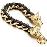 COOLSTEELANDBEYOND Stainless Steel Mens Wolf Head Curb Chain Bracelet Interwoven with Black Genuine Braided Leather