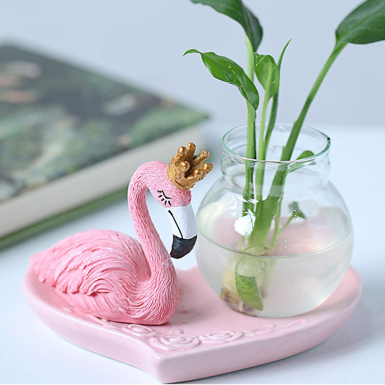 Pink Flamingo Hydroponics Planter Bulb Vase, Plant Terrarium Air Planter Glass Flower Vase with Resin Stand, Decor Countertop Organizer Stand Cup Organizer Decorative Desktop Home Ornament