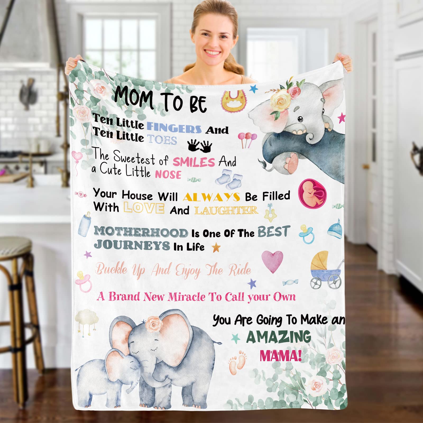 Domgoge New Mom Gifts to Be Mum Blanket Throw with Elephant Fleece Flannel First Time Promoted Mother Pregnancy for Postpartum Gender Reveal Mother's Day 130x152 cm, Be-white, (TR-99)