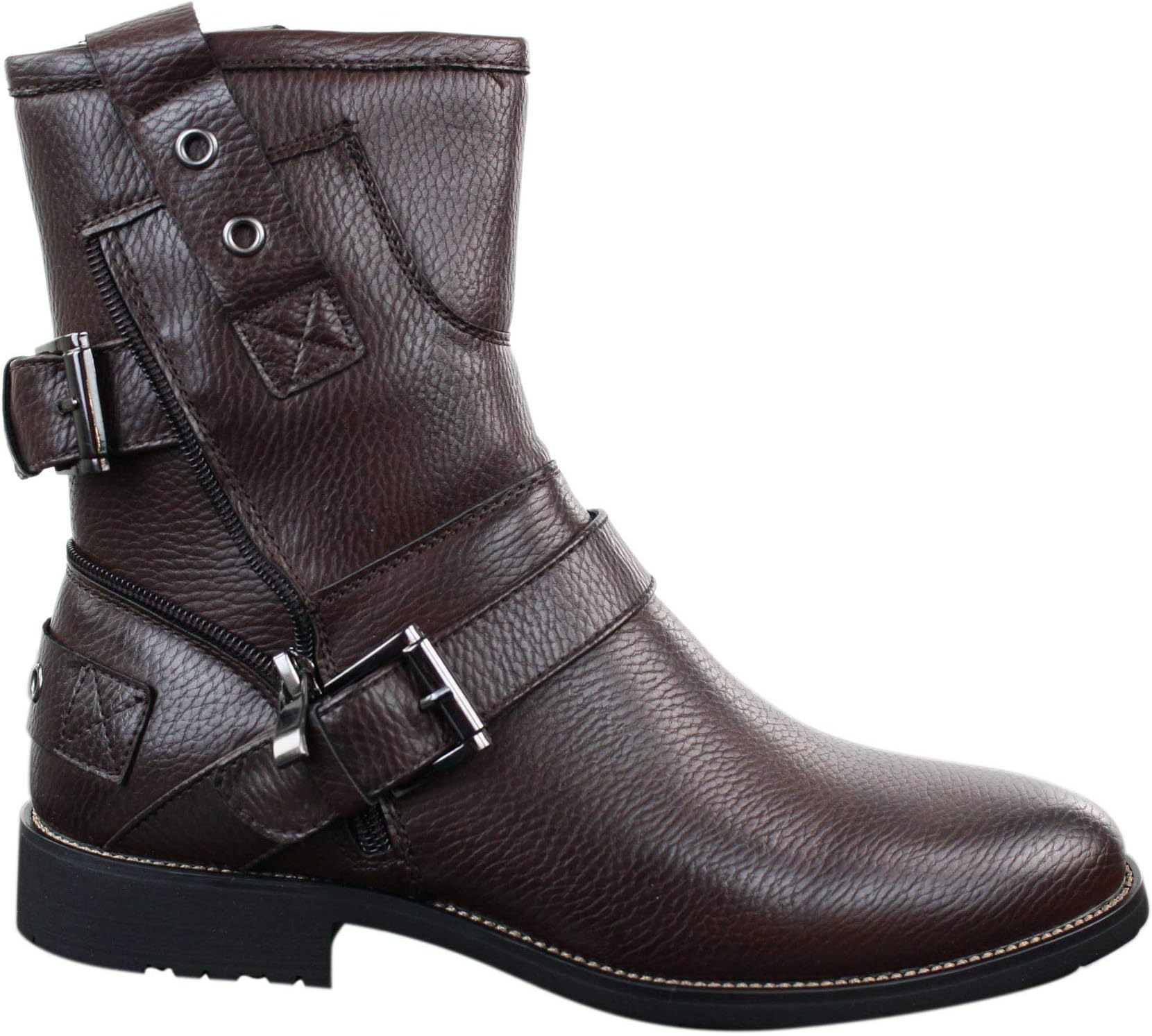 Mens Zip Punk Rock Goth Elmo Ankle Boots Brown Black Leather Buckle