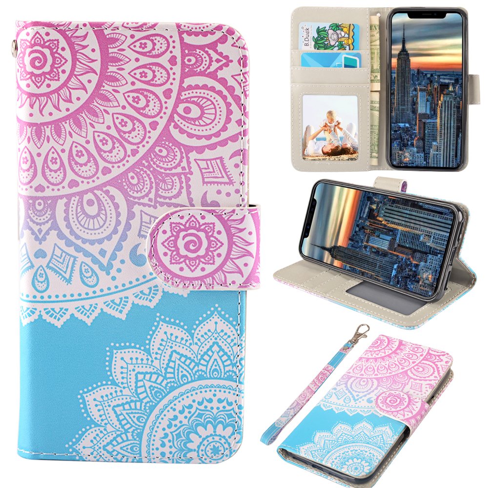 iPhone X Case, MagicSky iPhone X Wallet Case, Premium PU Leather Wristlet Flip Case Cover with Card Slots & Stand for Apple iPhoneX - Mandala
