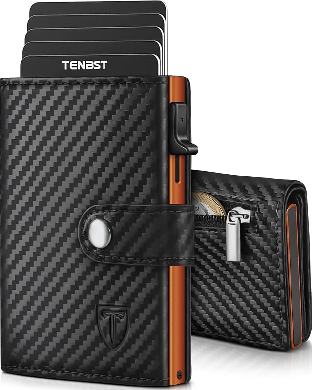 Carteras para Hombre | Tarjetero Cartera Hombre con Monedero & Bloqueo RFID | Tarjeteros para Tarjetas de Credito | Billeteras para Hombre | Regalo Hombre - Fibra de Carbon (Negro-Naranja)