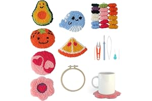 Longan Craft Punch Needle Coaster Kit 21 Pcs Easy Punch Needle Coasters Kits for Adults Beginners 6 Pattern Tufted Rug Pads with Adhesive Felt Yarns Embroidery Hoop Instruction DIY Needle Punch Craft