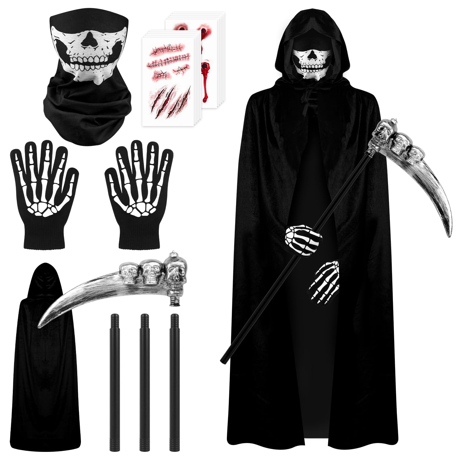 VEYLIN Halloween Grim Reaper Costume with Hooded Cloak, Skull Mask, Skeleton Gloves, Scythe, Adult Grim Reaper Outfit for Halloween 150 cm Black Robe