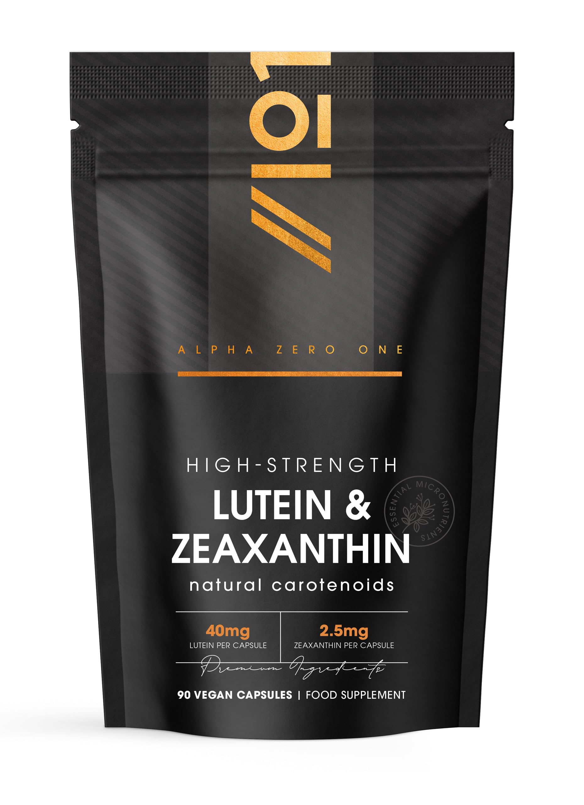 Lutein & Zeaxanthin with BioPerine® – 40mg Lutein 2.5mg Zeaxanthin – 90 Vegan Capsules – Natural Carotenoids from Marigold Extract – Resealable and Recyclable Pouch by Alpha01