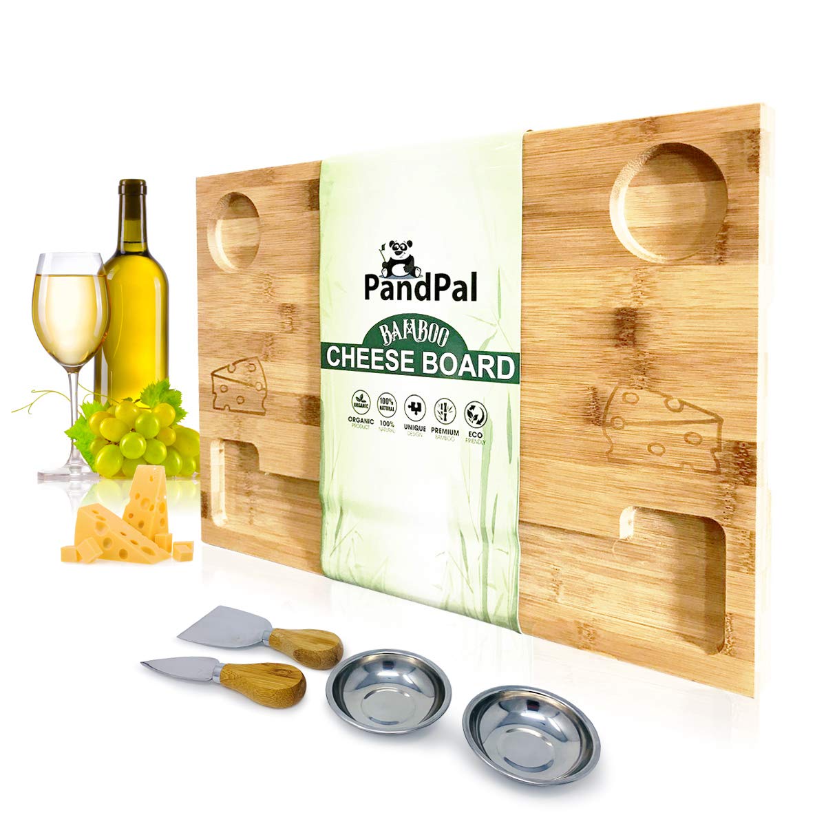 Bamboo Cheese Board Set & Food Serving Tray - BONUS Stainless Steel KNIVES & BOWLS, Extra LARGE [16x11x1] Wooden Cutting Board Charcuterie Platter for Wine, Cracker, Brie, Meat, Dip, Chip by PandPal