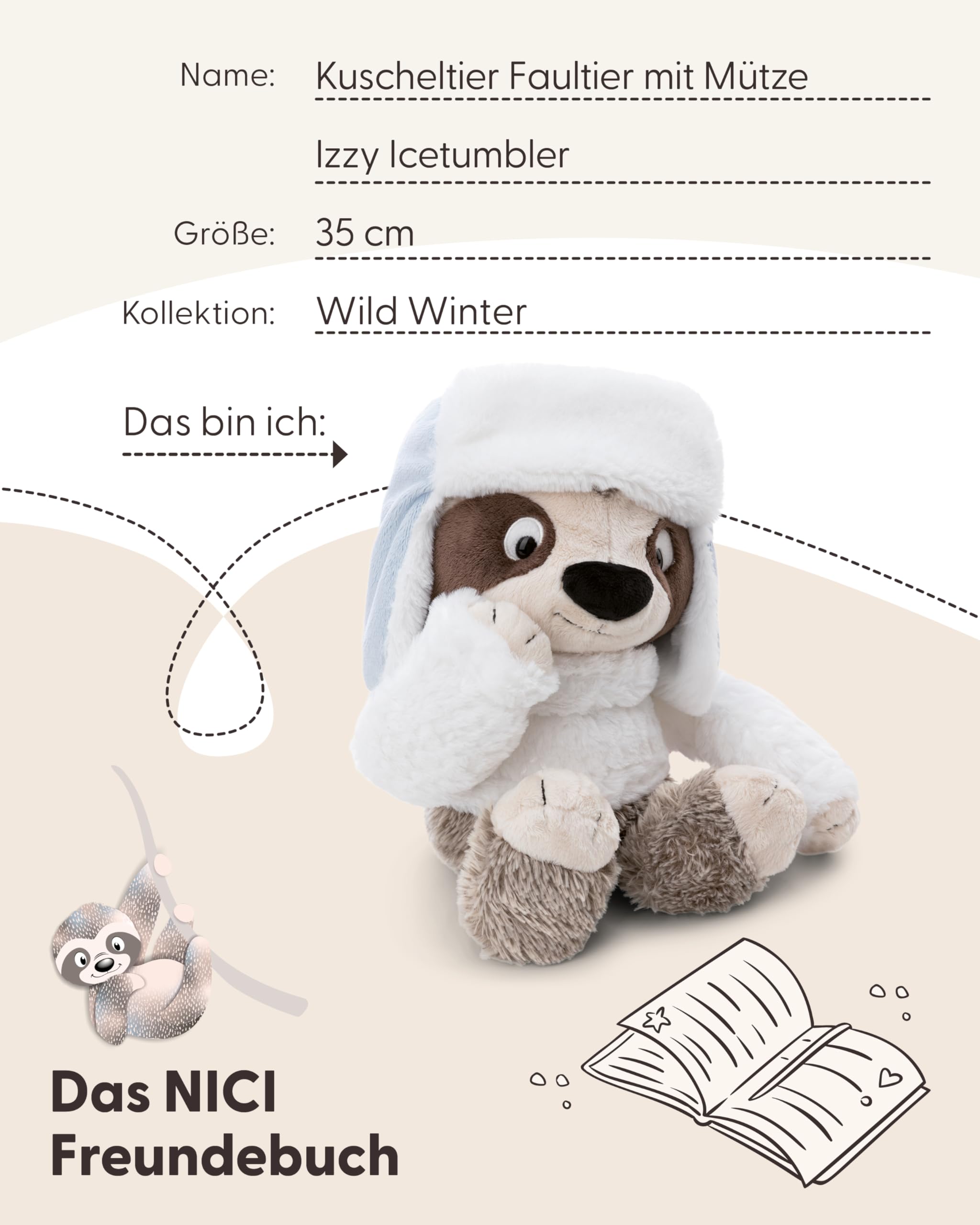 NICI Kuscheltier Faultier Izzy Icetumbler mit Mütze 35cm - beige - Weiches Plüschtier – niedliches Stofftier zum Kuscheln & Spielen – tolle Geschenkidee für Kinder & Erwachsene - 62422 5