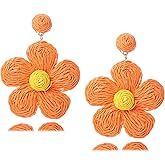 Bohemian Rattan Flower Drop Dangle Earring for Women Boho Colorful Raffia Straw Wicker Statement Earring Handmade Summer Tropical Beach Jewelry
