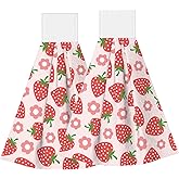 PDDCWAY Cute Red Strawberry Kitchen Hand Towels Spring Pink Flowers Hand Tie Towels Set of 2 PCS Dish Towels with Loops Tea Bar Dish Cloths Towel for Bathroom Home