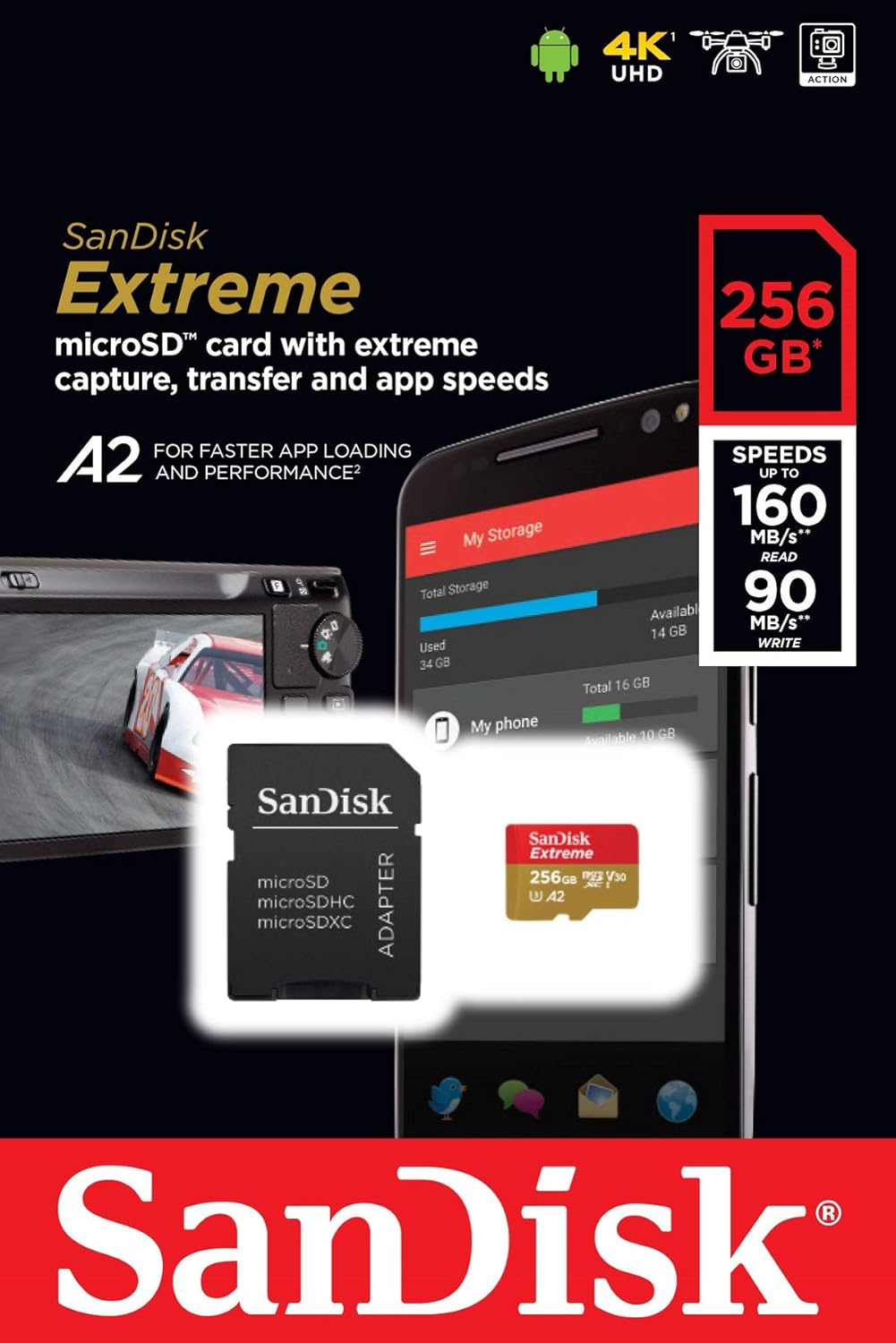 SanDisk 256GB Extreme microSDXC UHS-I Memory Card with Adapter - C10, U3, V30, 4K, A2, Micro SD - SDSQXA1-256G-GN6MA: Computers & Accessories