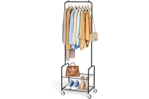 AOODA Small Clothes Rack with Shelves, Metal Sturdy Rolling Clothing Racks for Hanging Clothes, Portable Garment Rack with Wheels for Shirts, Coats, Shoes, Bags (Black)