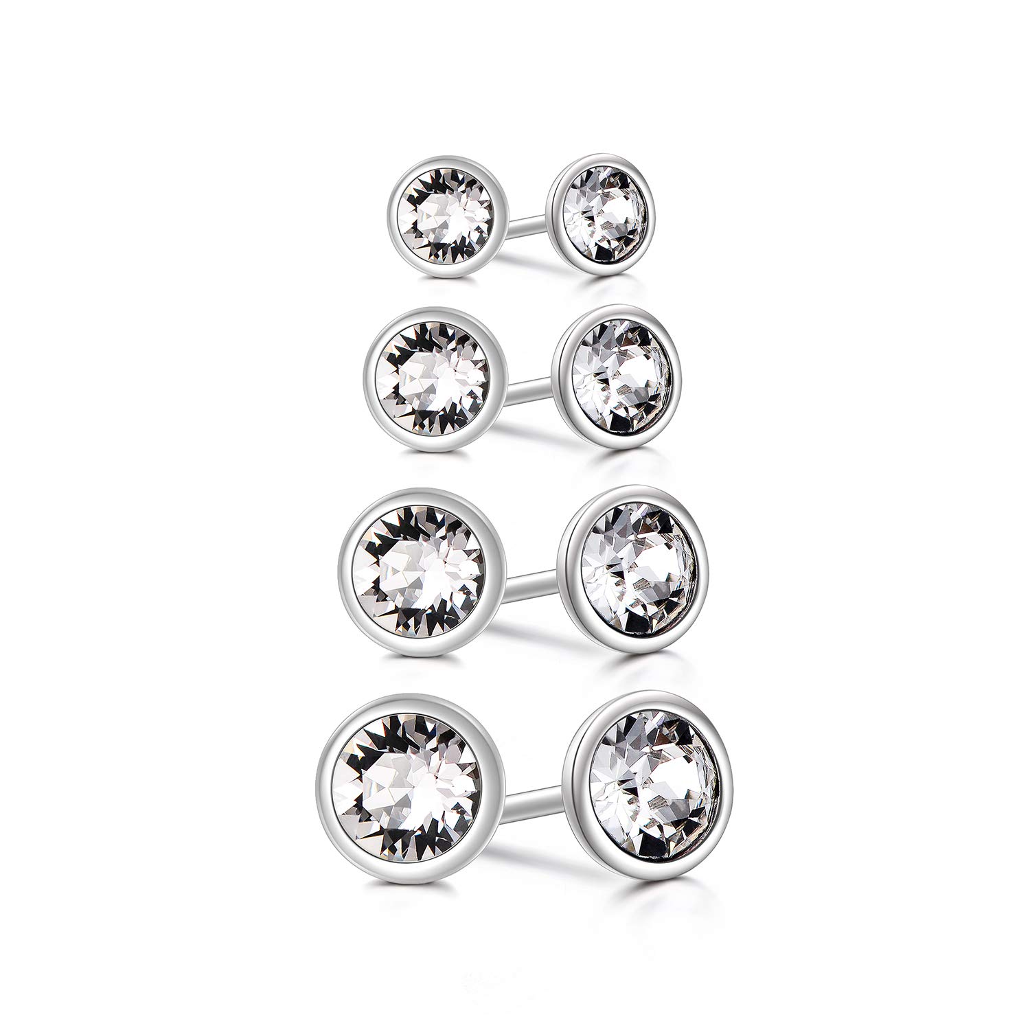 Set of 4 pairs of Hypoallergenic Sterling Silver Cubic Zirconia Stud Earrings, White Gold Plated Simulated Diamond Earrings for Women - Size: 3, 4, 5, 6mm