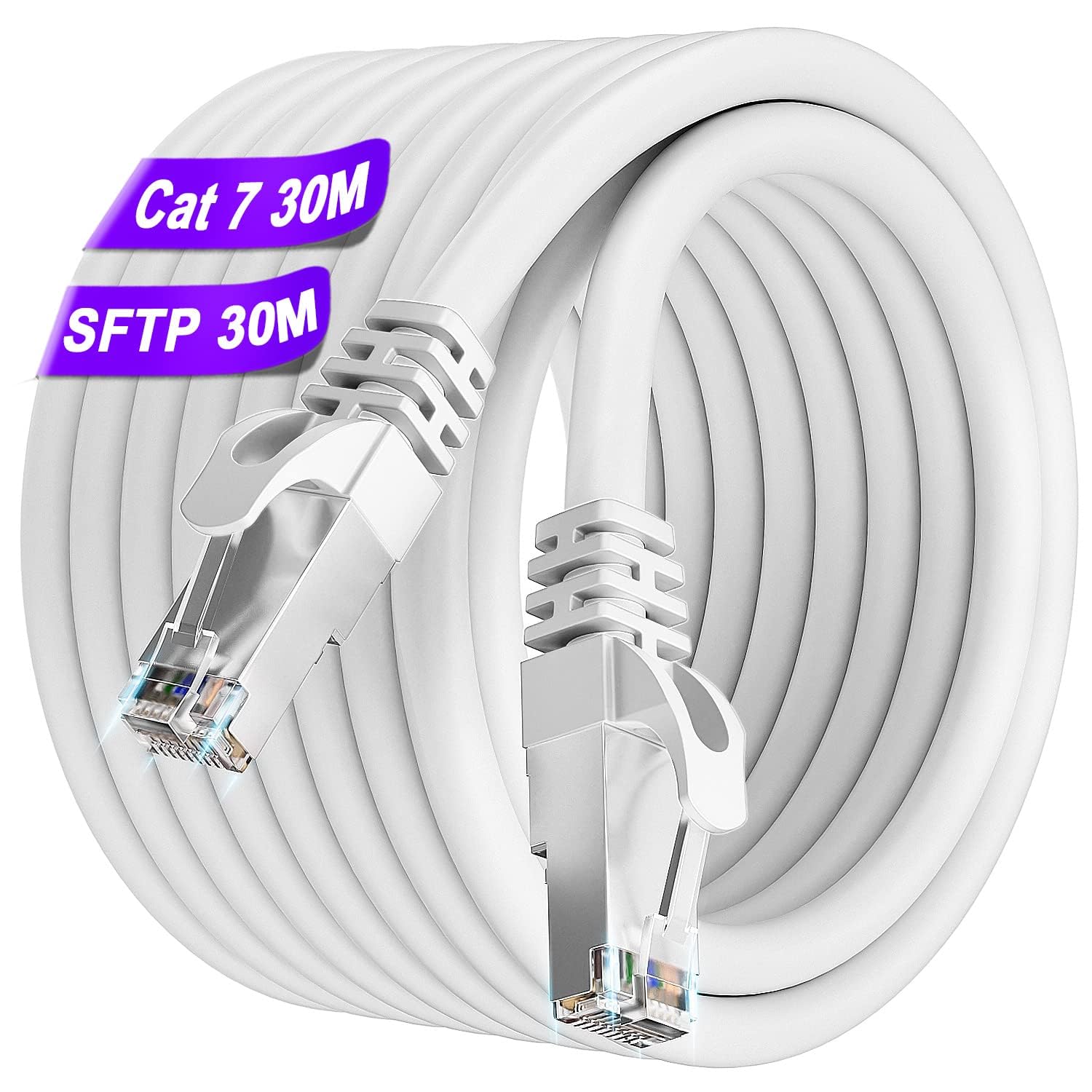 Soibke Ethernet Cable 30m Cat 7, Internet Cable High Speed Wifi Cable SFTP Shielded Network 10Gbps Gigabit Weatherproof 24AWG White Wlan Patch LAN Cable Indoor for Router Modem — image 1