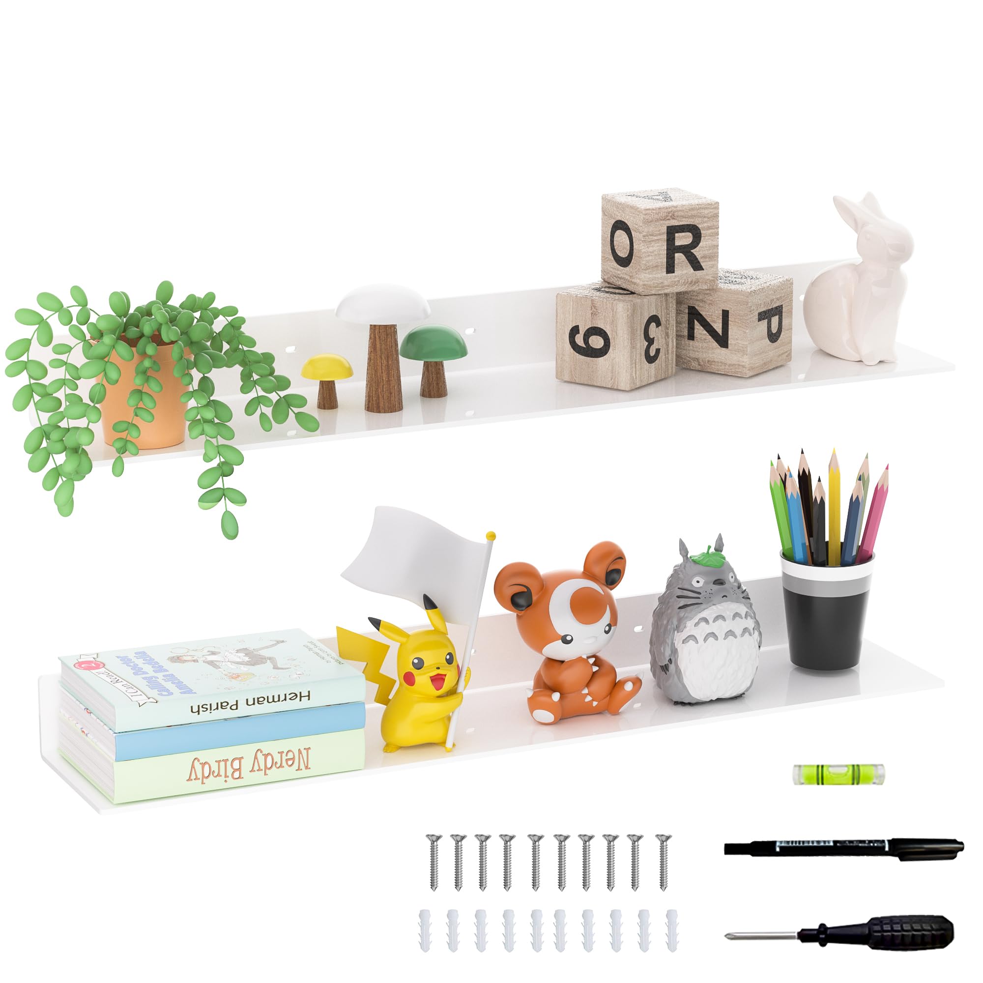 Sezanrpt 30 Inch White Floating Shelves for Wall Décor, Acrylic Storage Wall Shelf Holder, Wall Mounted Home Organizer Shelves with a Free Screwdriver, 2 Pack(30 Inch)