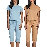 Real Essentials 2 Pack: Women's Cotton Short Sleeve Top and Capri Pants Pajama Lounge PJ Sets with Pocket (Available In Plus)