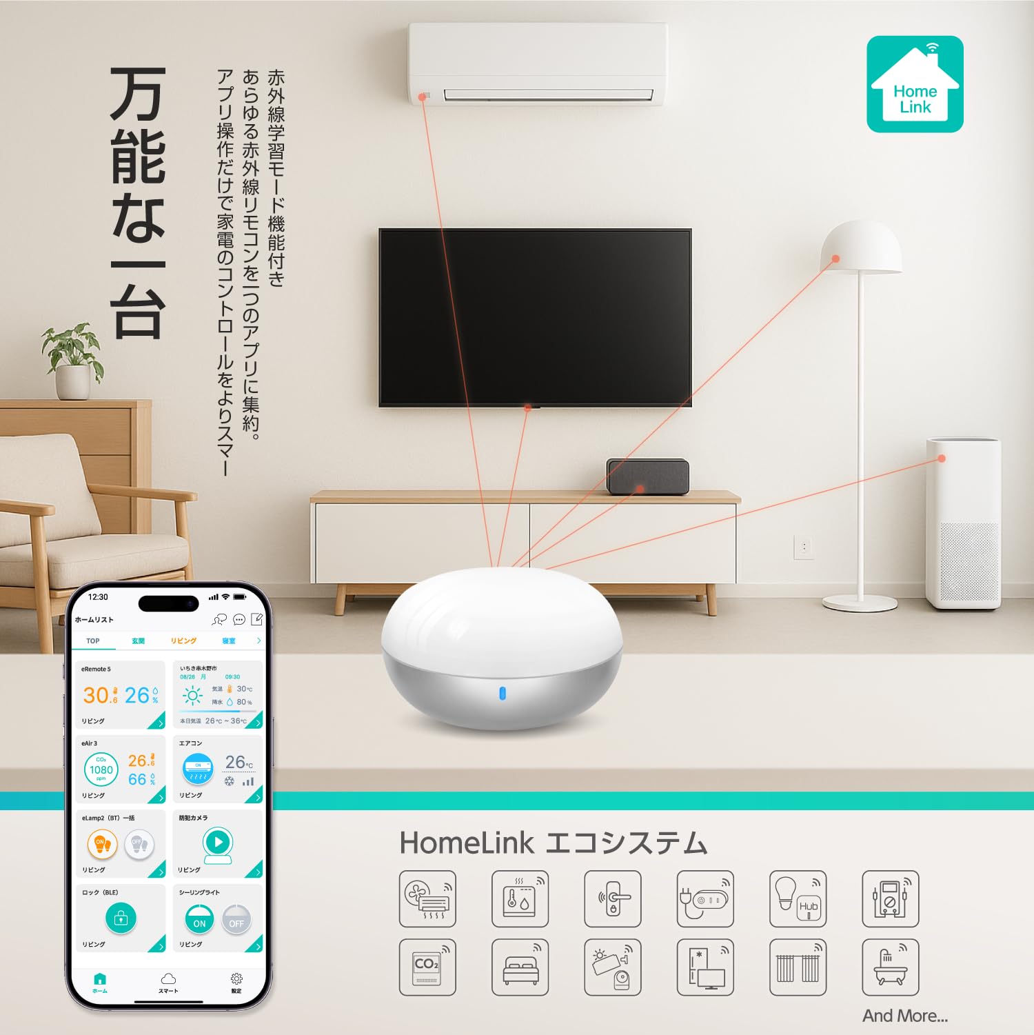 Link Japan eRemote5 Smart Remote Control, Compatible with Alexa, No Hub Required, Remote Control, Infrared Learning Remote Control, Round, White, Temperature and Humidity Sensor (eRemote5)